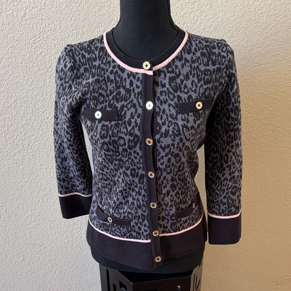 Karl Lagerfeld Paris Leopard Knit Cardigan Pink Trim Gold Buttons XS